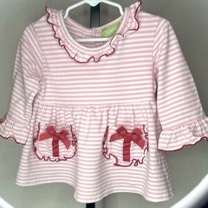 Girls Sz 5 Classic Whimsy Pink Striped Toddler Red Bow and Ruffled Hem details